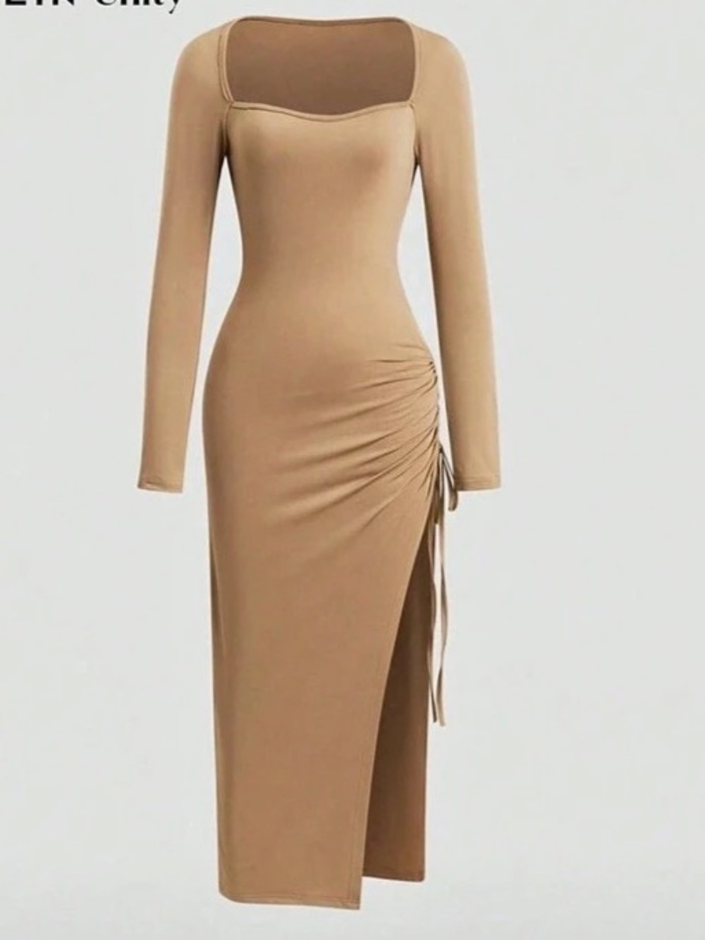 Women's Ruched Midi Dress in taupe